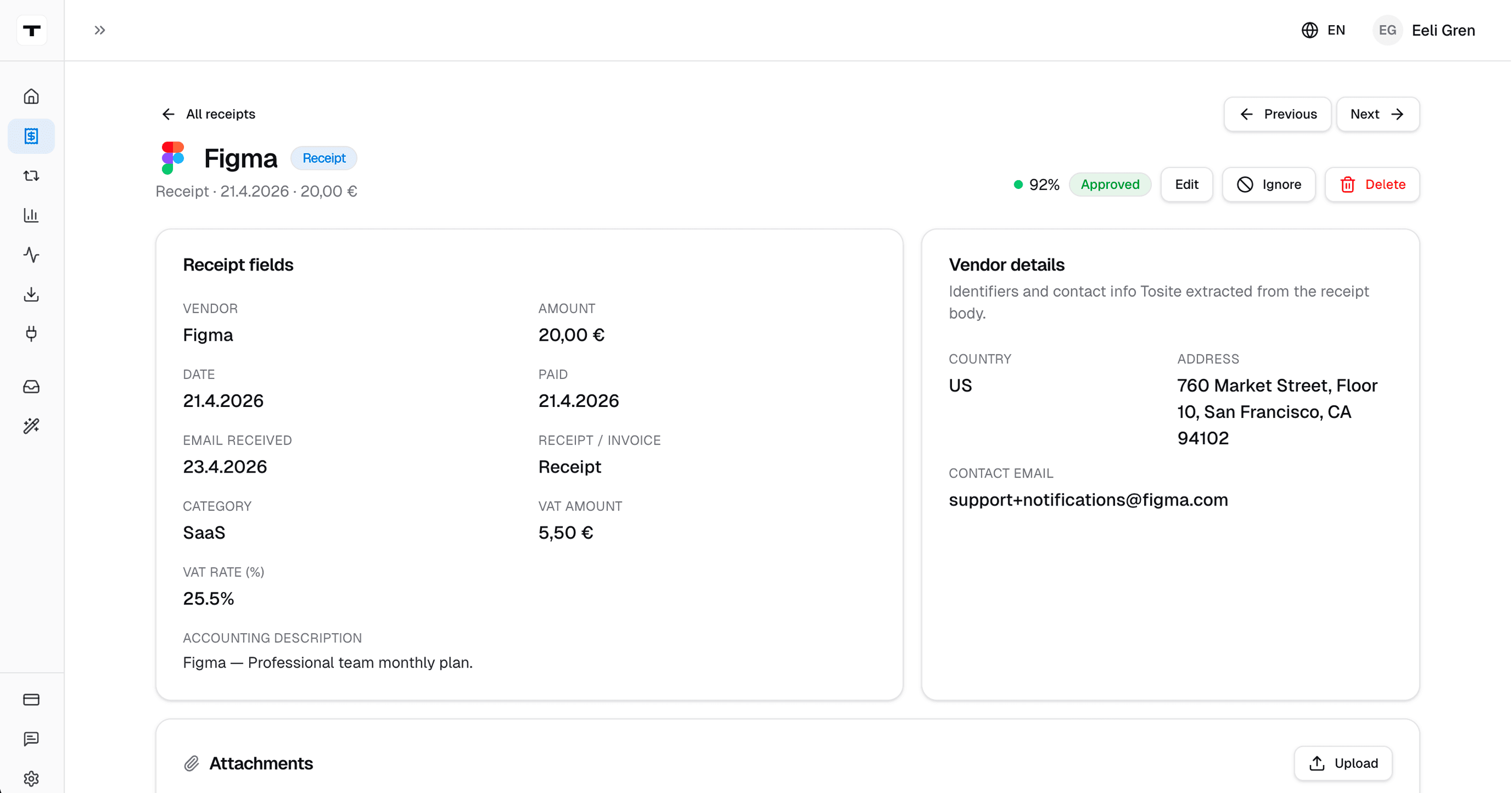 Screenshot of the Tosite receipt detail view — extracted fields, vendor business details, the original email, and the receipt attachment preview side by side.